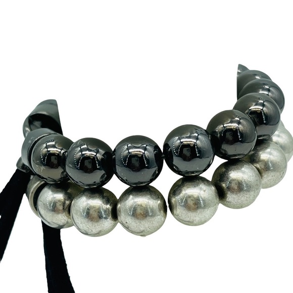 Beaded Bracelets Set Black & Silver Stretchy Adjustable Unisex - Picture 4 of 10